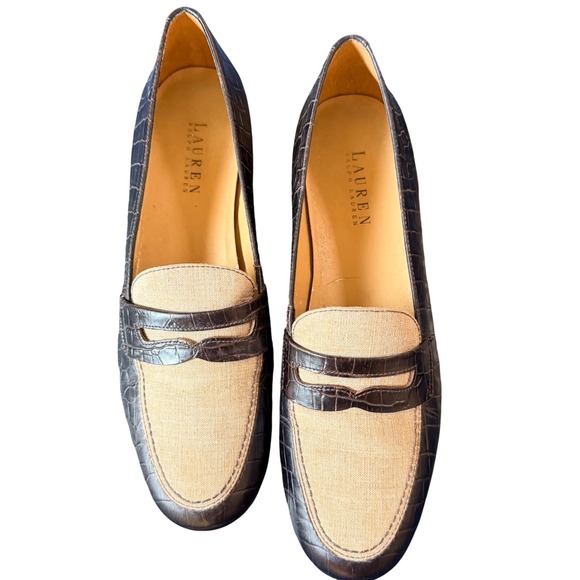 Lauren Ralph Lauren Brown Croc Embossed Leather Linen Penny Loafers 9B Brazil - Picture 4 of 9